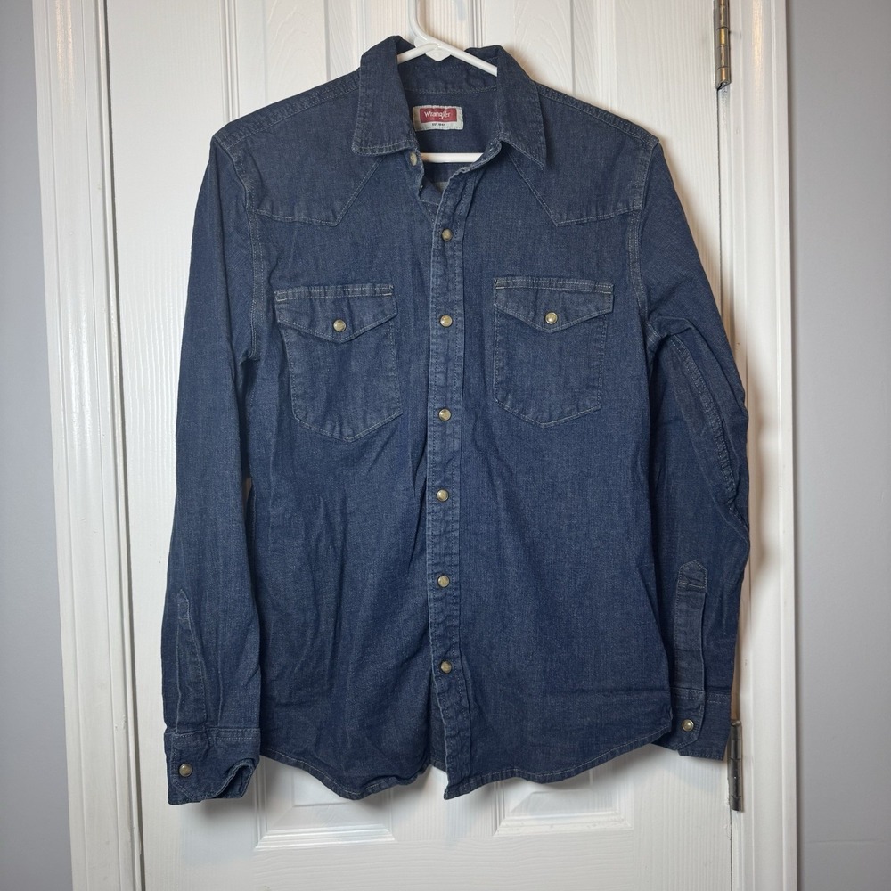Wrangler Shirt Men Small Blue Denim‎ Pearl Snap Western Cowboy Rodeo Riding Jean